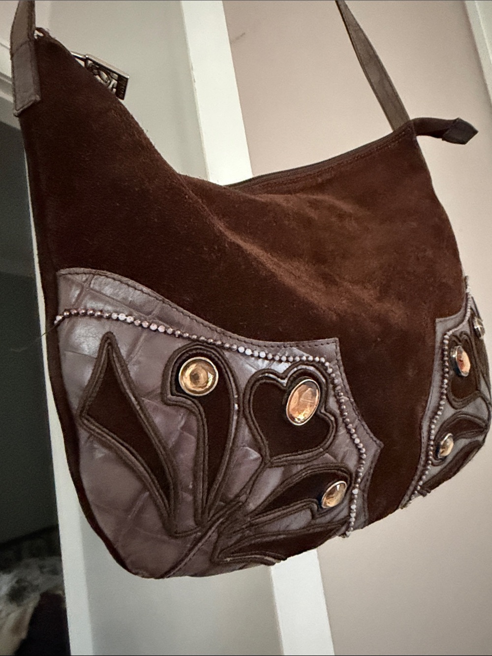 Braccialini vintage Brown Suede Crossbody Bag with Decorative Leather Accents